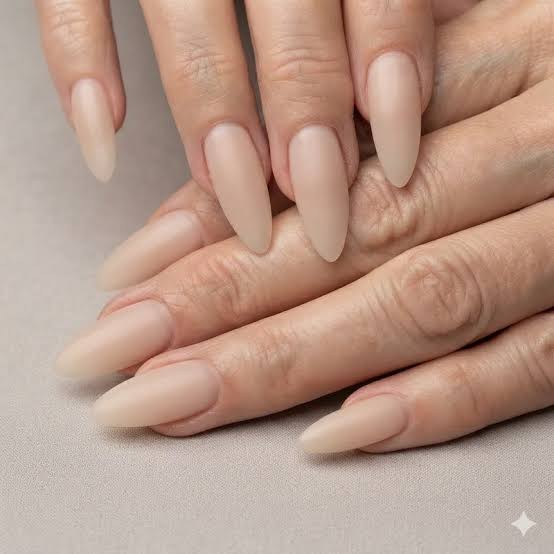 Matte Nude Beige Stiletto Nails — Nails for Women Over 60