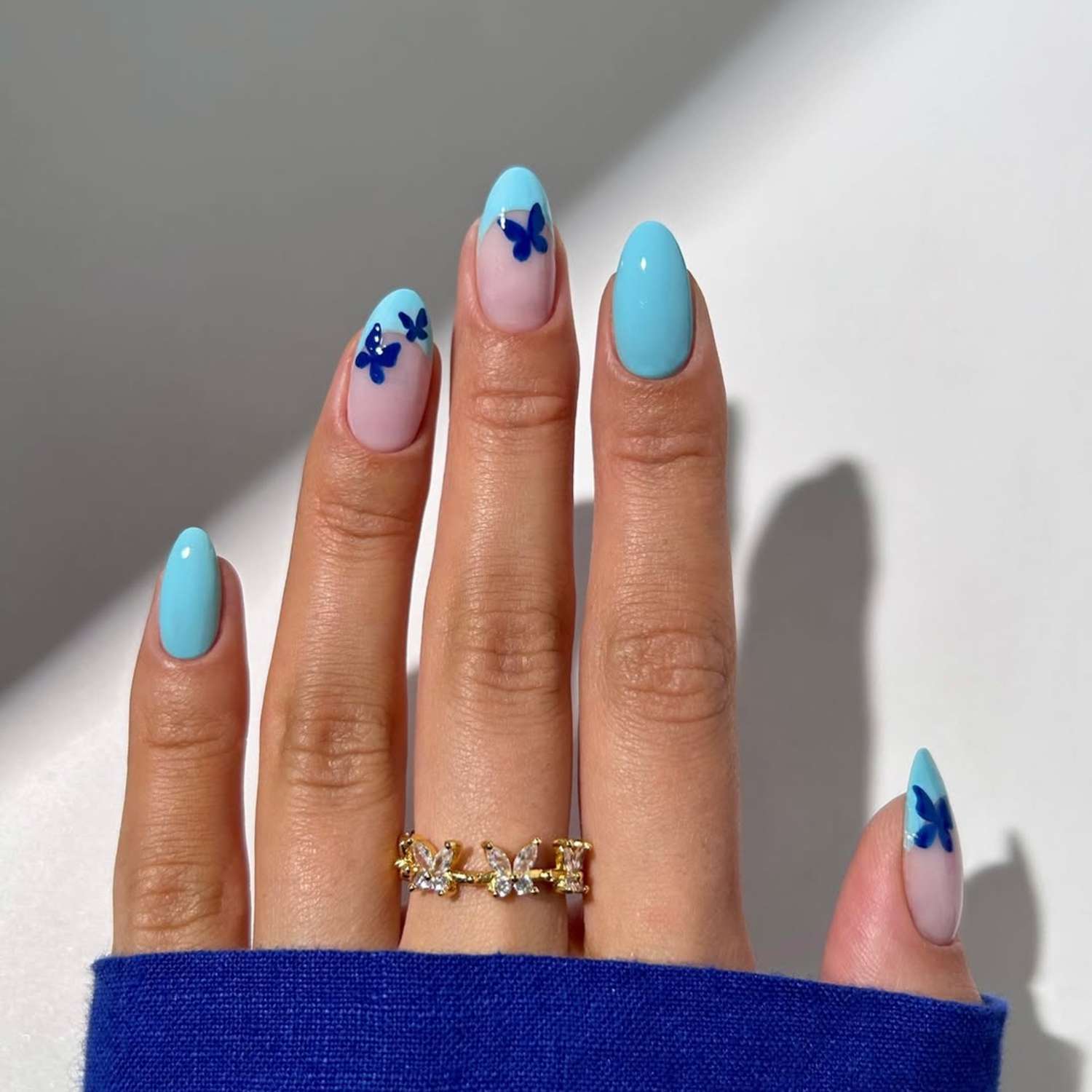 Playful Butterfly Decals on Blue and Pink — Medium Nails