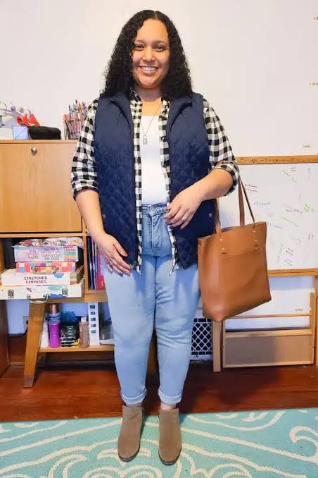 Layered Plaid Shirt, Vest, and Jeans for Everyday Casual — Curvy Outfits