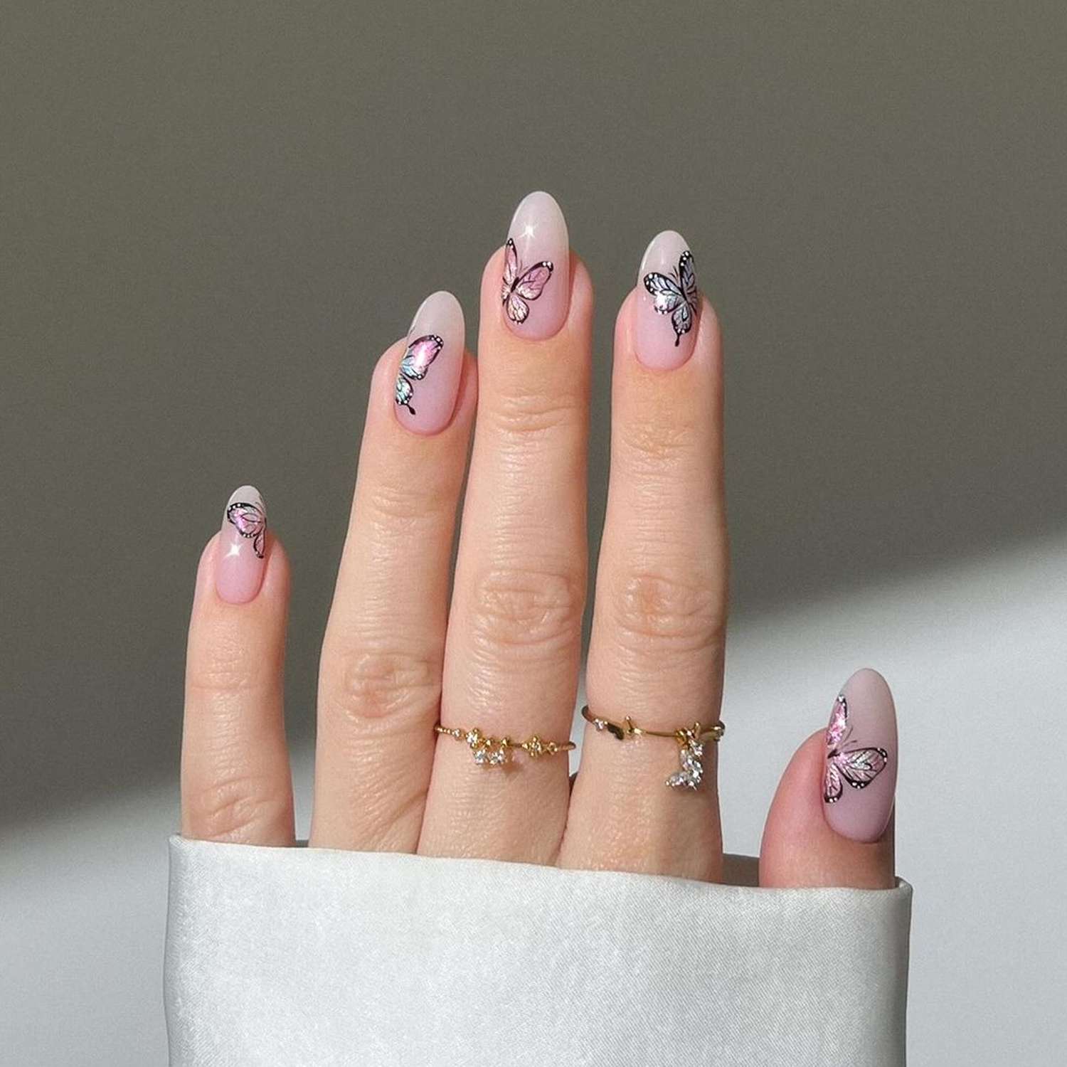 Pale Pink Butterfly Decal Almond Nails — Gel X Nails