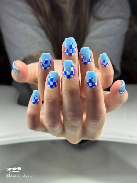 Bright Blue Full Checkerboard Short Nails Bright Blue Full Checkerboard Short Nails — Checkered Nails