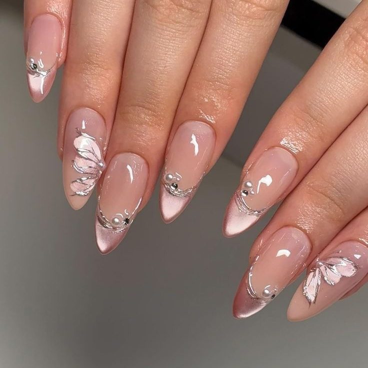 Sheer Pink with Silver Floral Accents — Prom Nails