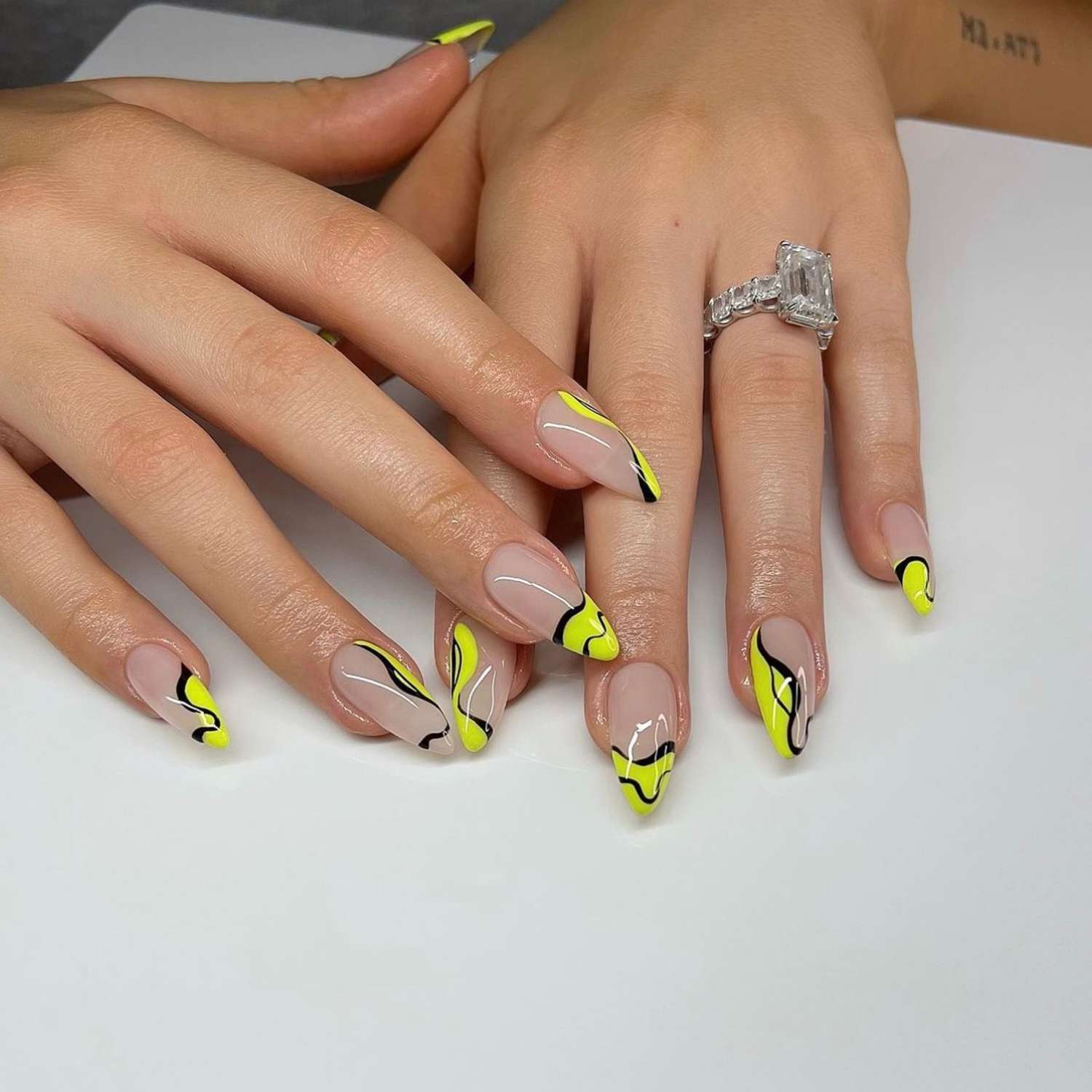 Neon Yellow and Black Abstract Almonds — Neon Nails