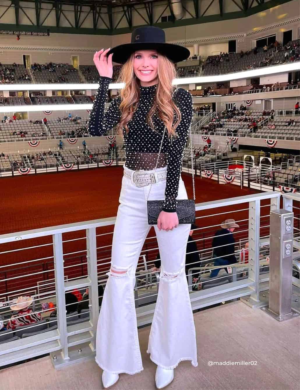 Rhinestone Mesh Top with Distressed Flares and Wide-Brimmed Hat Rhinestone Mesh Top with Distressed Flares and Wide-Brimmed Hat — Country Concert Outfits