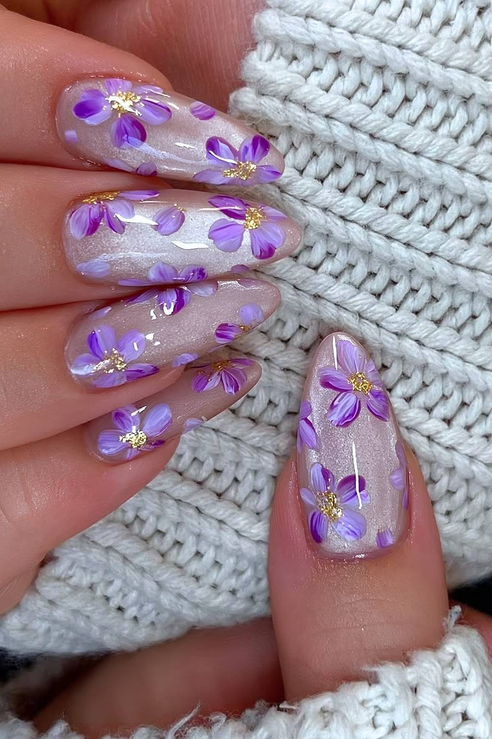 Shimmery Base with All-Over Purple Flowers Shimmery Base with All-Over Purple Flowers — Flower Nails
