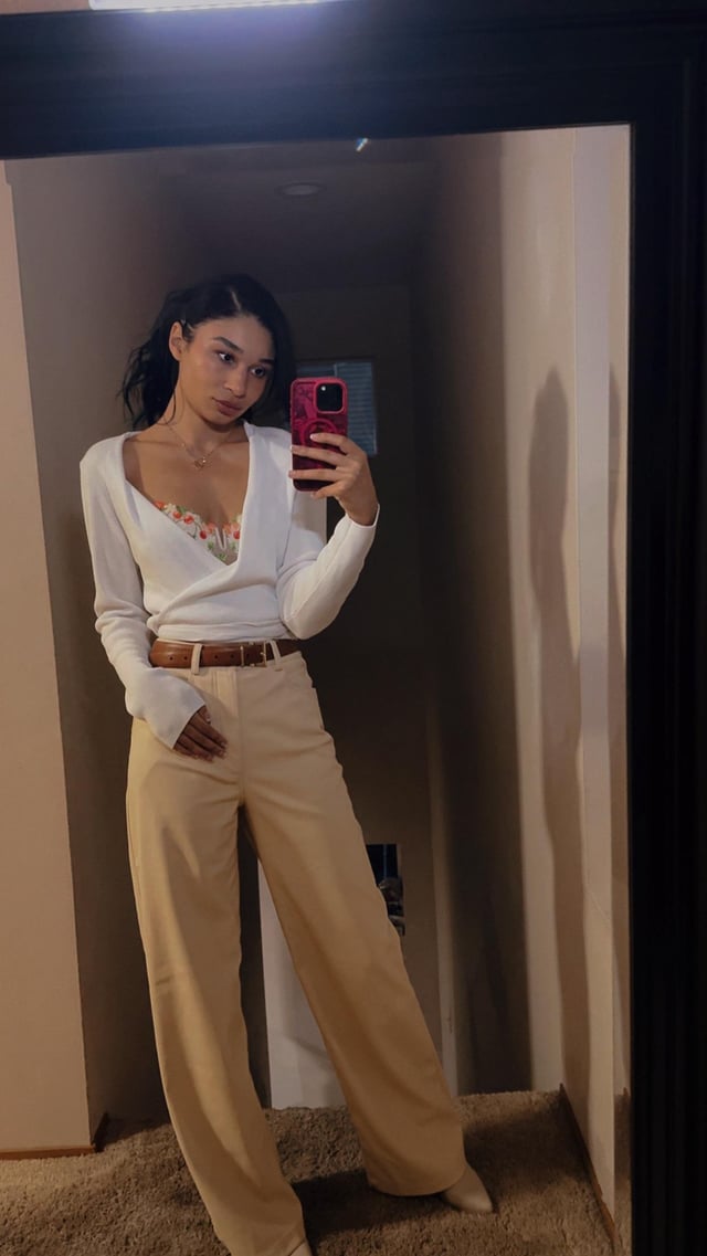 White Wrap Top and Wide-Leg Trousers for a Stylish First Date White Wrap Top and Wide-Leg Trousers for a Stylish First Date — First Date Outfits