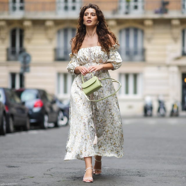 Off-the-Shoulder Floral Midi Dress with Puff Sleeves — Cottagecore Outfits
