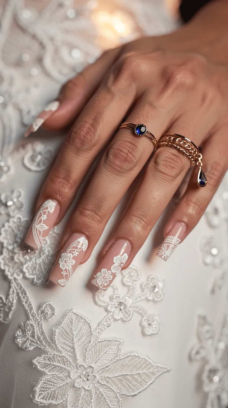 Long Square Sheer Nude with White Lace — Wedding Nails