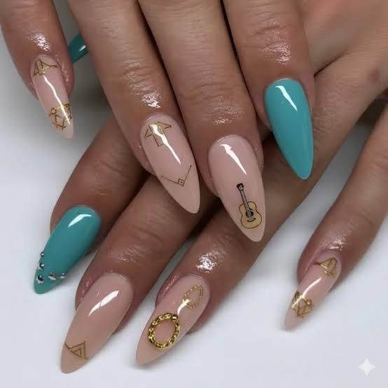 Nude Gold Foil Guitar Stilettos Nude Gold Foil Guitar Stilettos — Concert Nails