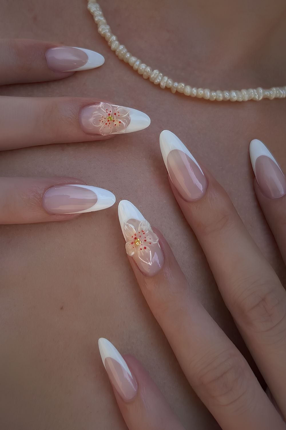 3D Floral Accent Almond French Tip — White French Tip Nails