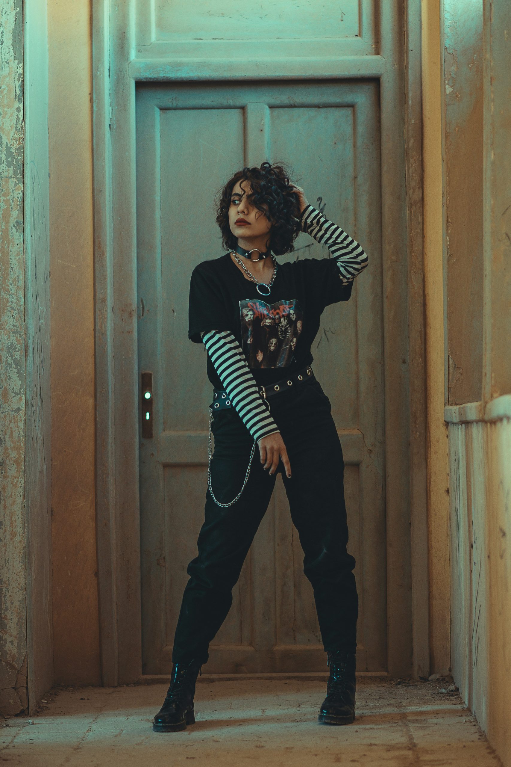 Layered Graphic Tee and Striped Shirt with Trousers — Goth Outfits