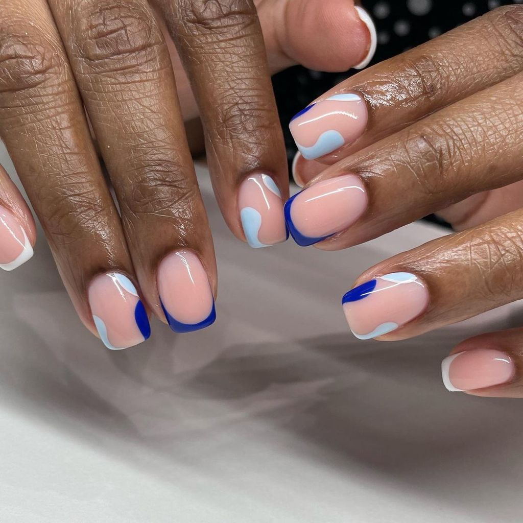 Short Square Abstract Blue French Tips — Square Nails