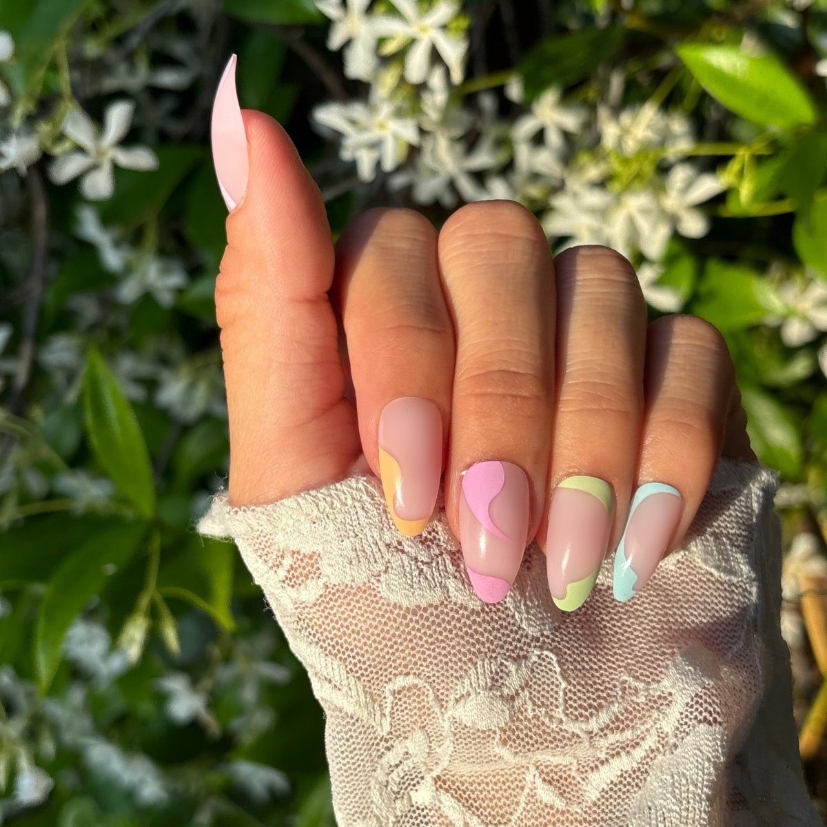 Abstract Pastel Color Block French Tip Medium Almonds — Medium Almond Nails