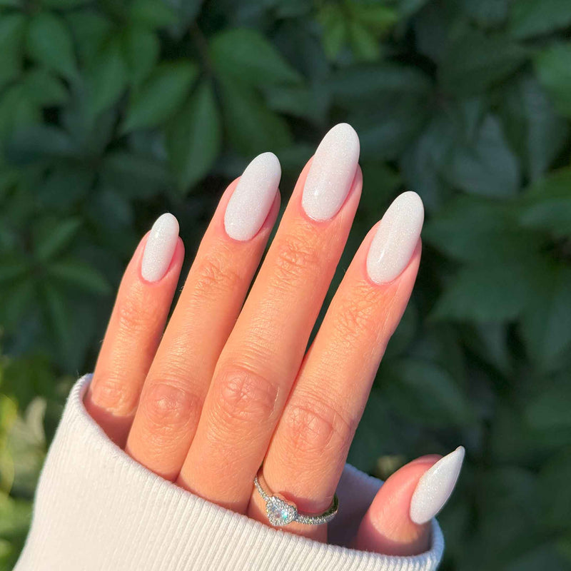 Medium Almond White with Subtle Shimmer — Milky Nails