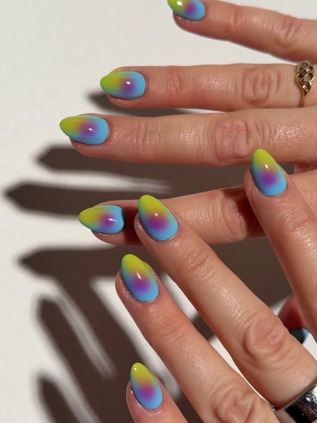 Vibrant Blue Yellow Pink Gradient Ovals — Aura Nails