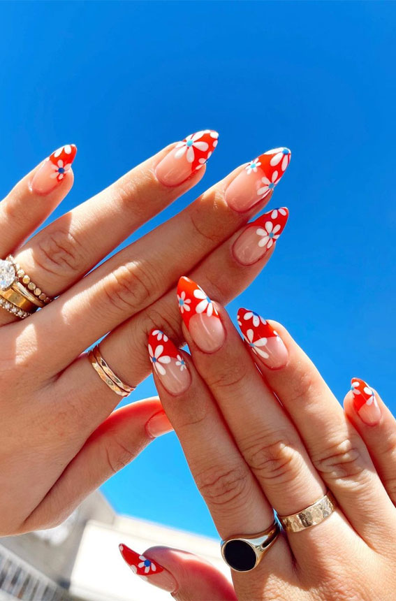 Red French Tips with Floral Art on Long Almonds Red French Tips with Floral Art on Long Almonds — Cute Nails