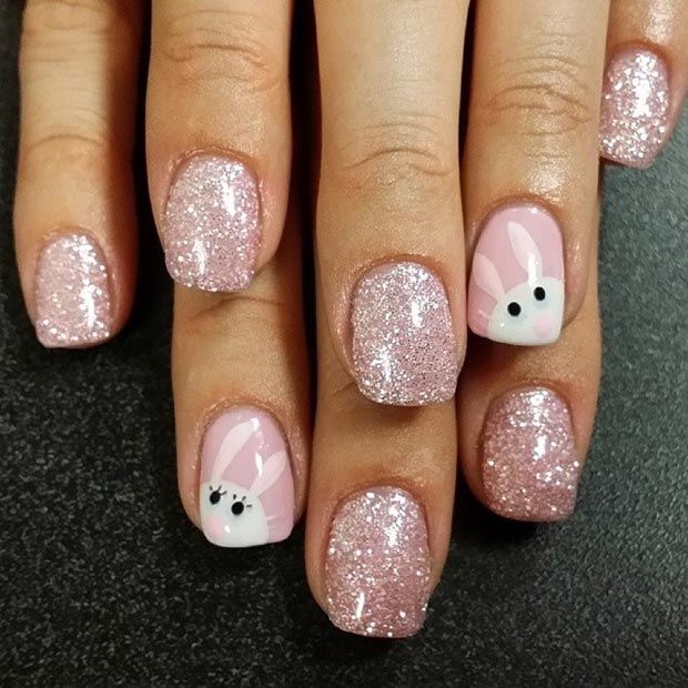 Pink Glitter and Bunny Face Nails — Nails for Kids