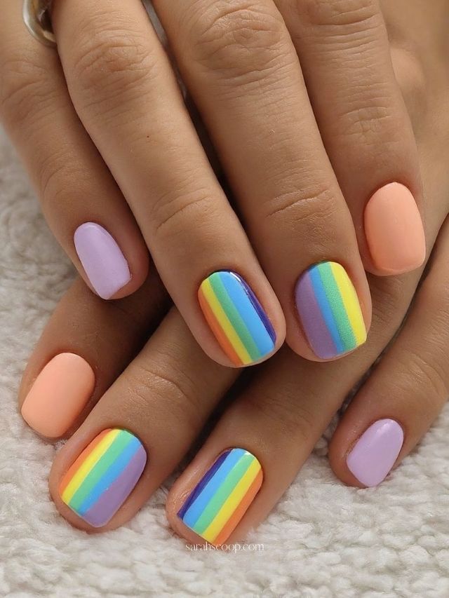 Pastel Rainbow Stripes Short Oval Nails — Nails for Teens