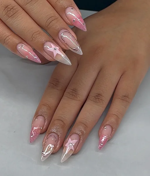 Glossy And Glitter Visual Idea — Stiletto Nails