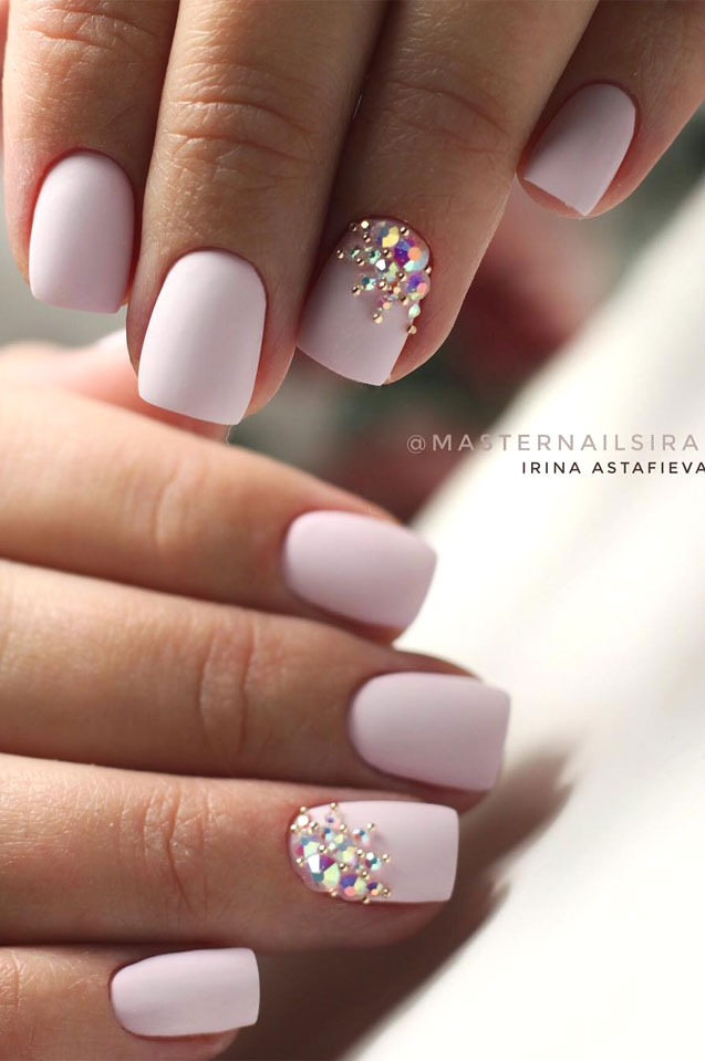 Matte Pale Pink With Rhinestone Clusters — Wedding Guest Nails