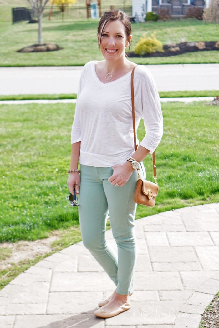 Pop of Color: Mint Jeans with a White Top — Mom Outfits