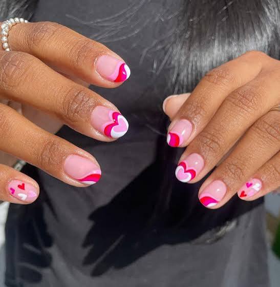 Short Rounded Square French Tip Hearts Short Rounded Square French Tip Hearts — Heart Nails