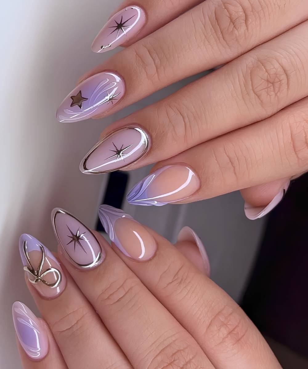 Lavender Nude Chrome French Tips Star Accents Long Stiletto Nails Lavender Nude Chrome French Tips Star Accents Long Stiletto Nails — Purple Nails