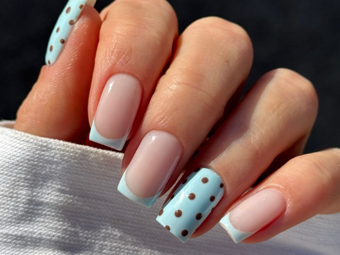 Square French with Brown Polka Dot Accents — Nail Designs