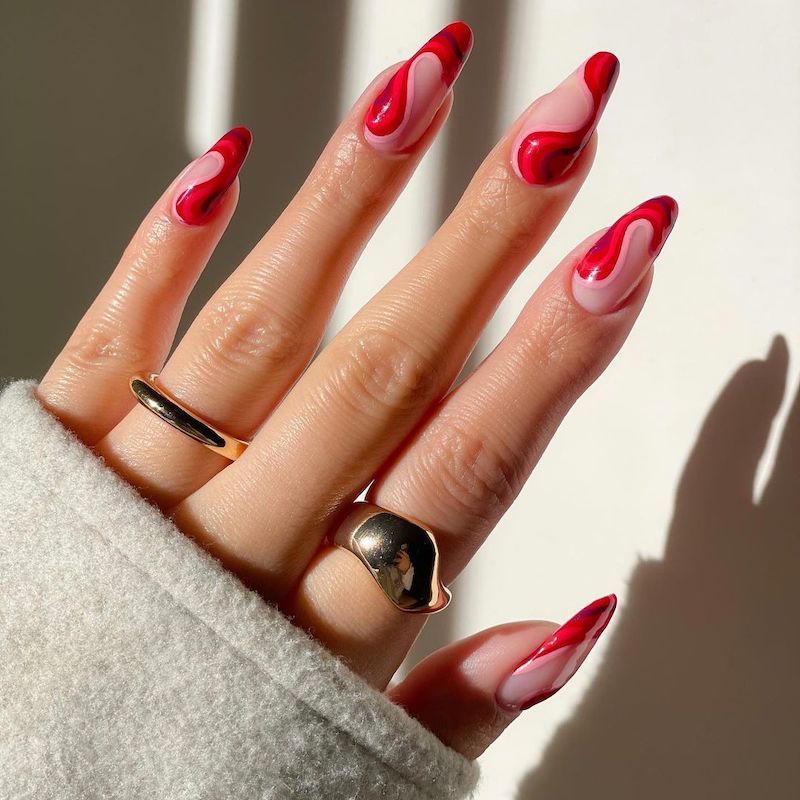 Abstract Red Swirl Art Nails — Red Nails