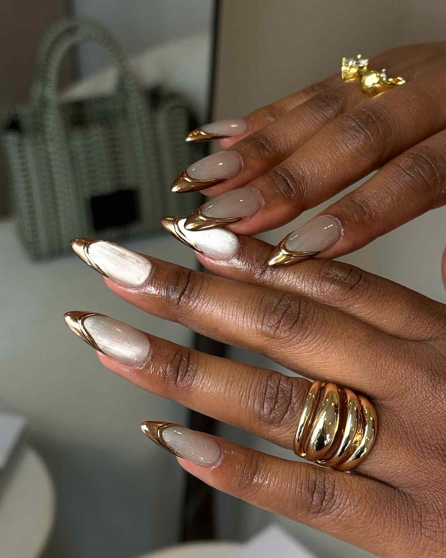 White to Chrome Gradient Almond Nails — Pearl Nails