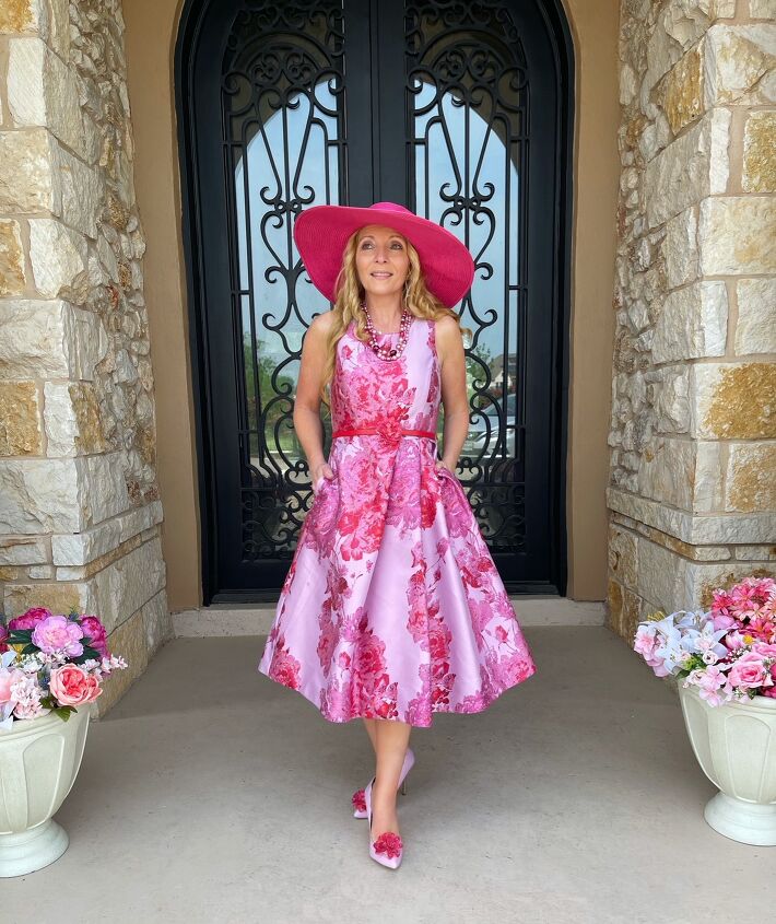 Pink and Purple Floral Fit-and-Flare Dress with Statement Hat — Tea Party Outfits