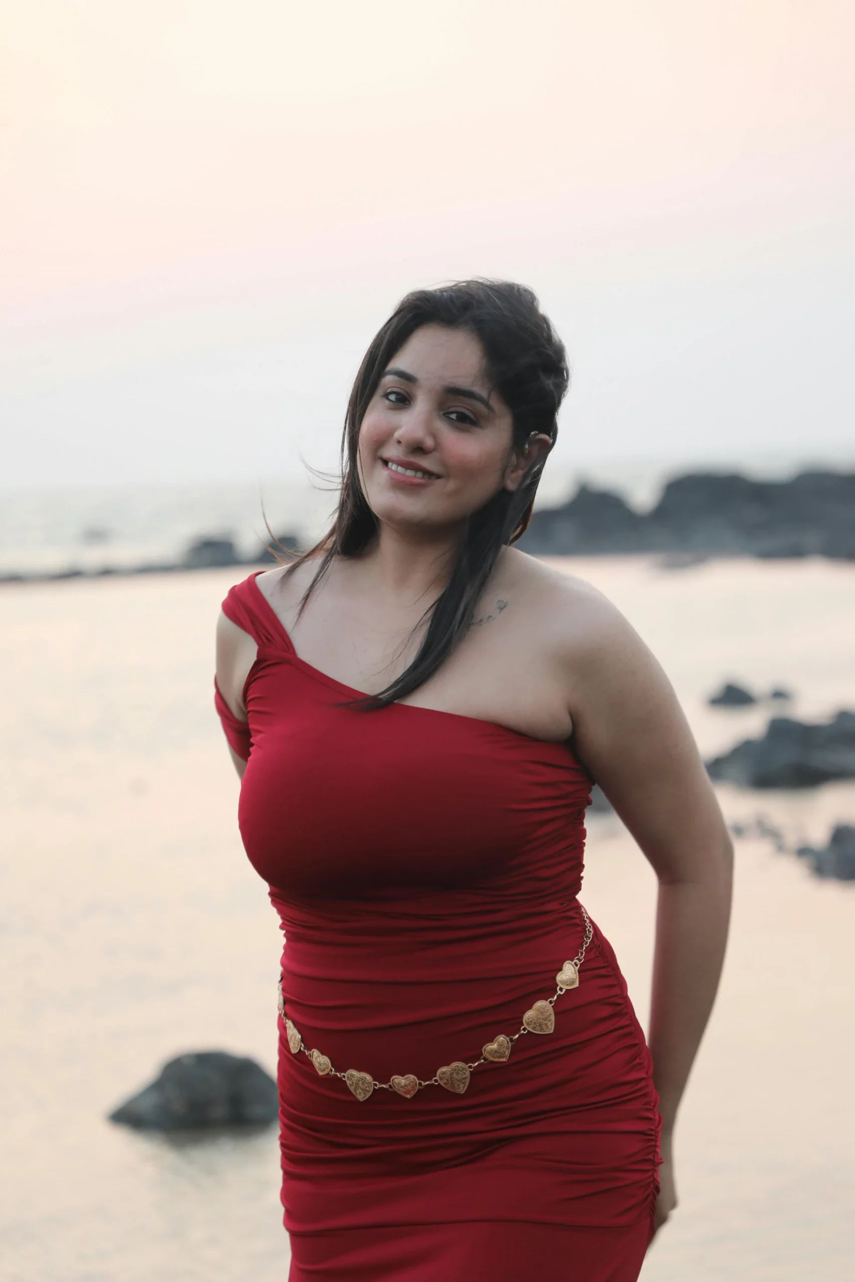 Red Ruched One-Shoulder Dress with Gold Heart Belt — Curvy Outfits
