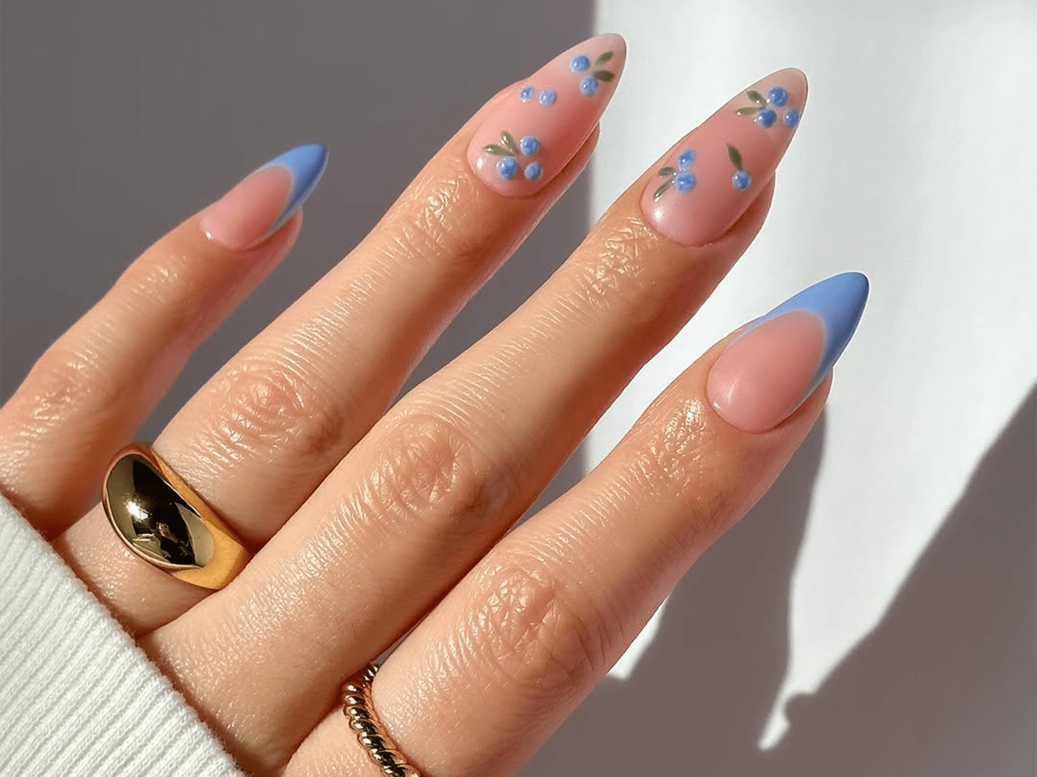 Small Blue Flowers With Green Leaves Visual Idea — Nail Art