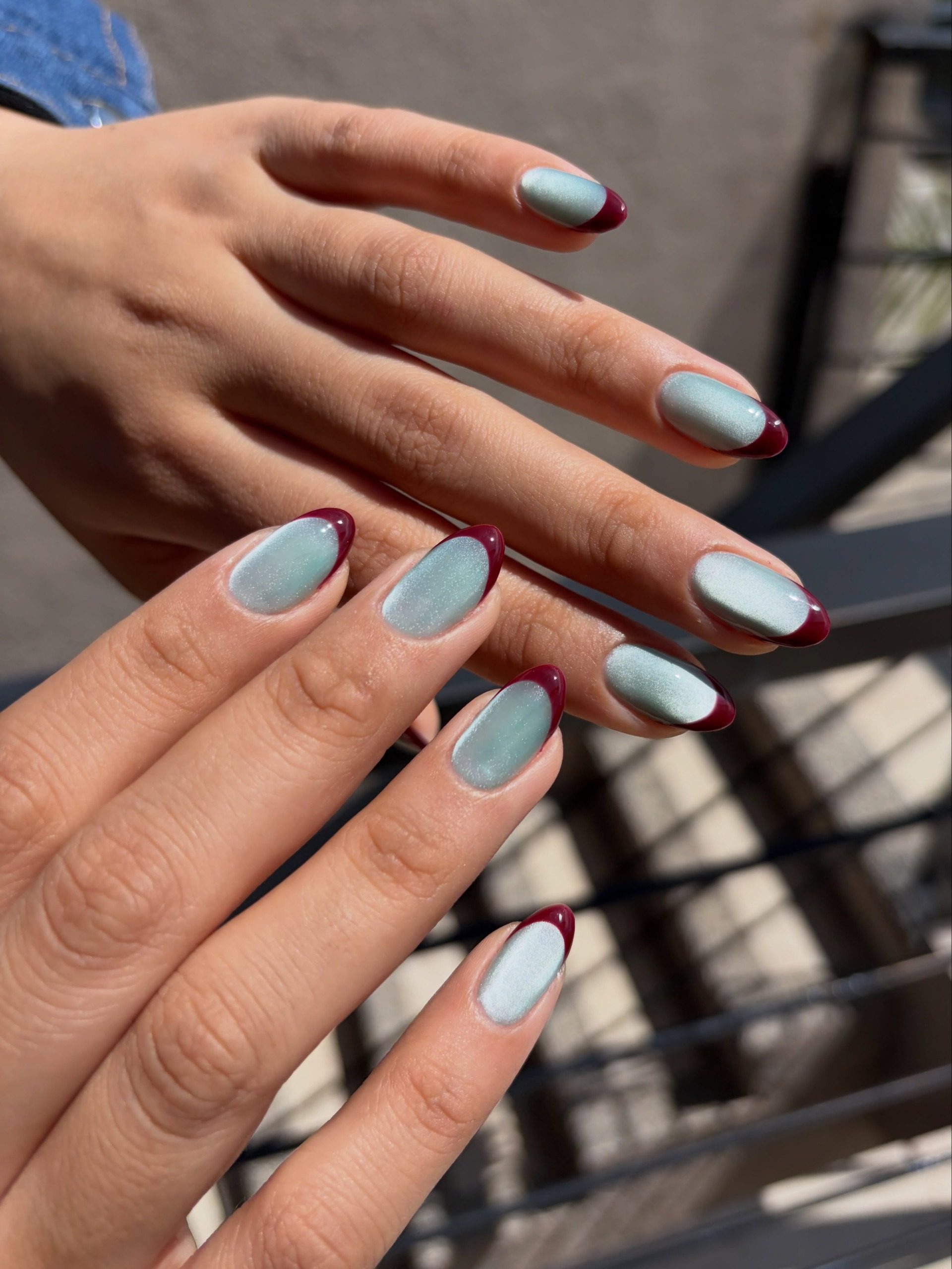 Shimmer Baby Blue with Deep Red French Tip Shimmer Baby Blue with Deep Red French Tip — Colored French Tip Nails