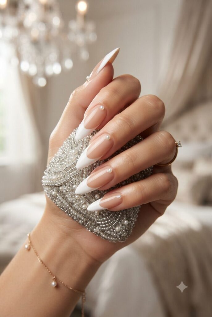 Small Pearls And A Classic French Tip Visual Idea — Stiletto Nails