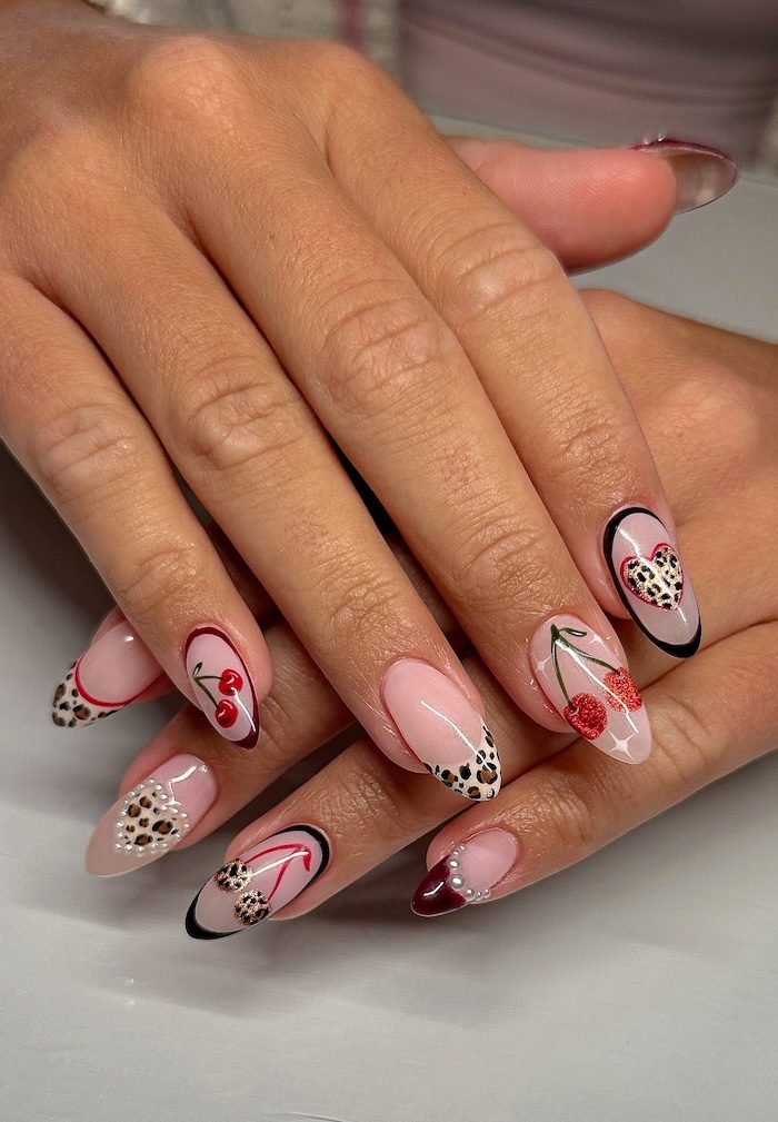 Retro Cherry Leopard French Tip Nails Retro Cherry Leopard French Tip Nails — Leopard Print Nails