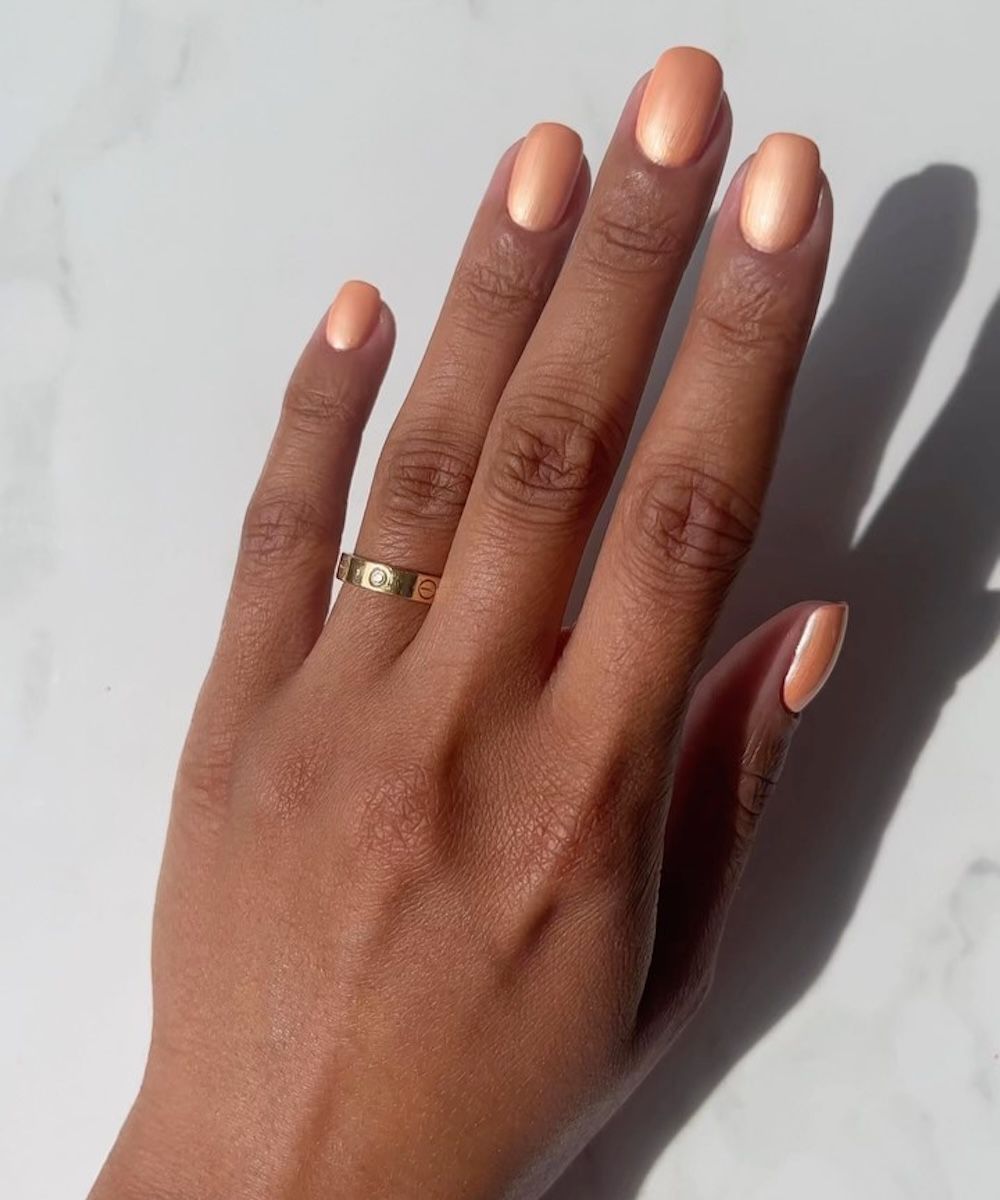 Shimmery Peach Short Rounded Square Nails — Peach Nails