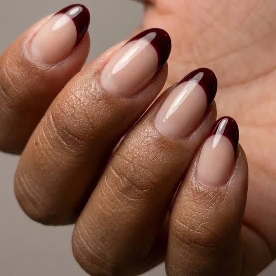 Classic Deep Brown Oval French Tips — Brown French Tip Nails