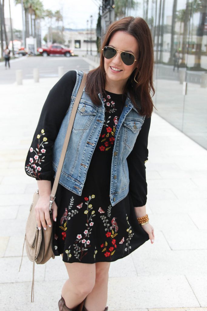 Embroidered Black Dress with Denim Vest for Western Charm — Rodeo Outfits
