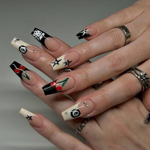 Playful Motif Long Coffin Nails Playful Motif Long Coffin Nails — Concert Nails