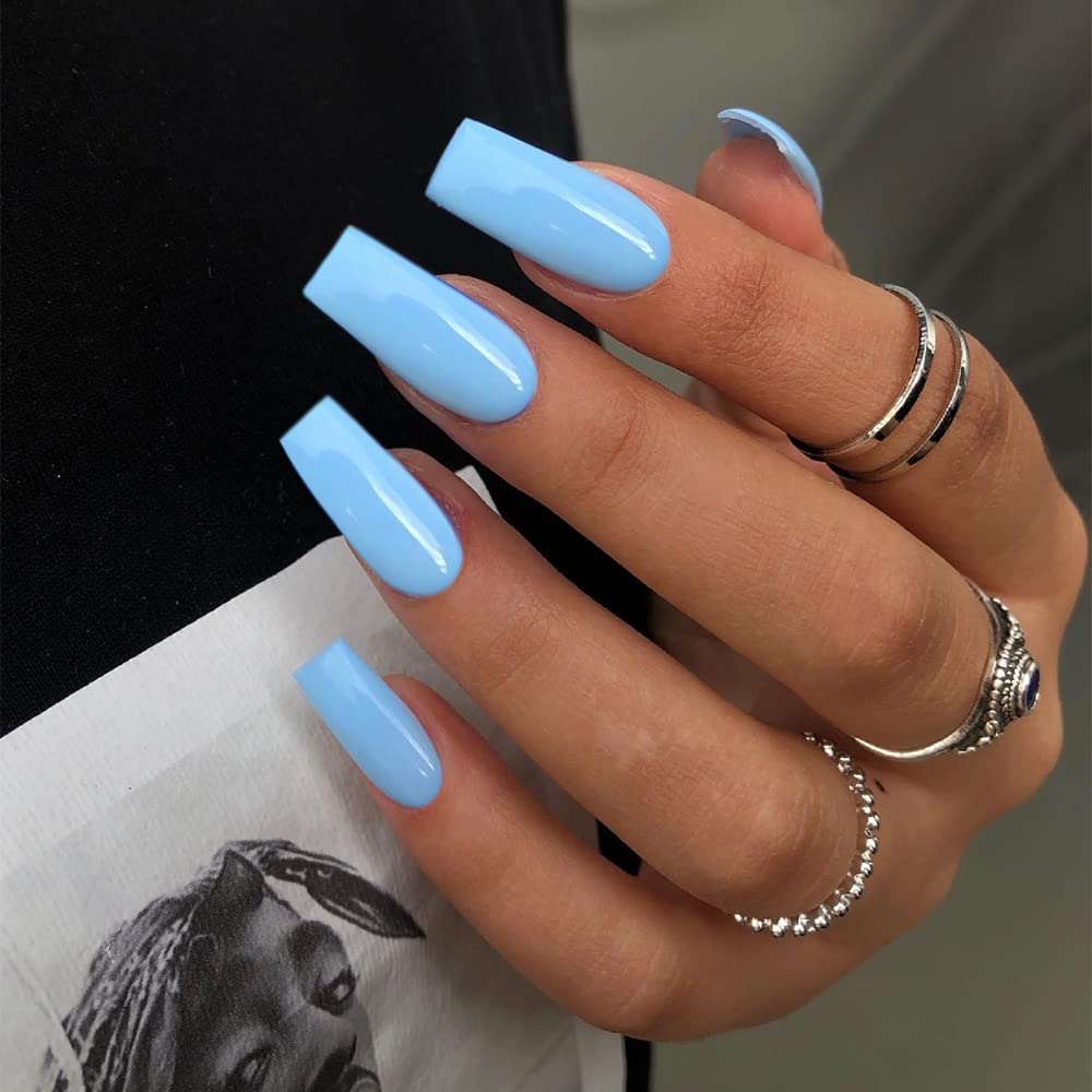 Solid Glossy Light Blue Coffin Nails Solid Glossy Light Blue Coffin Nails — Light Blue Nails