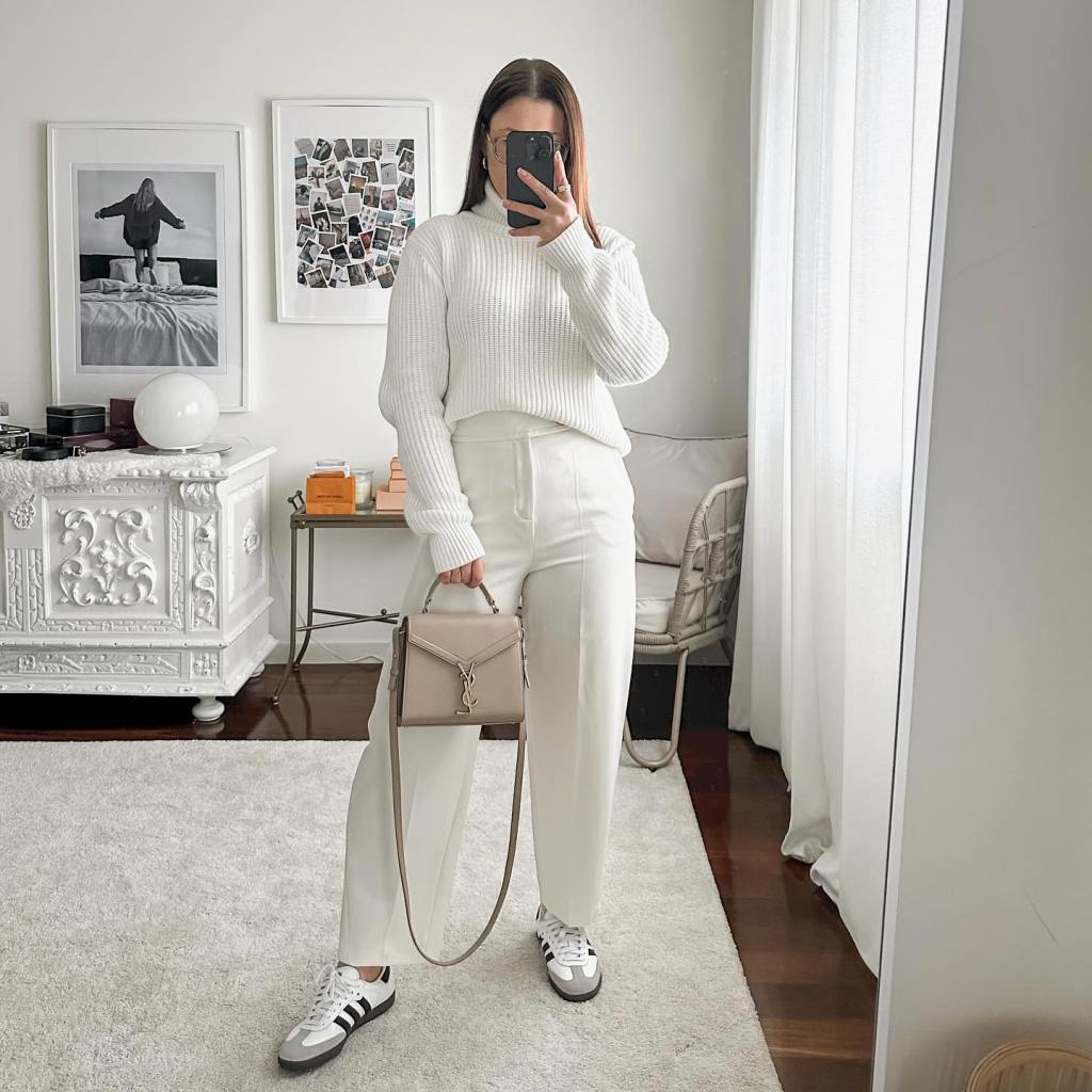 Monochromatic White Sweater and Trousers with Beige Accents — Minimalist Outfits