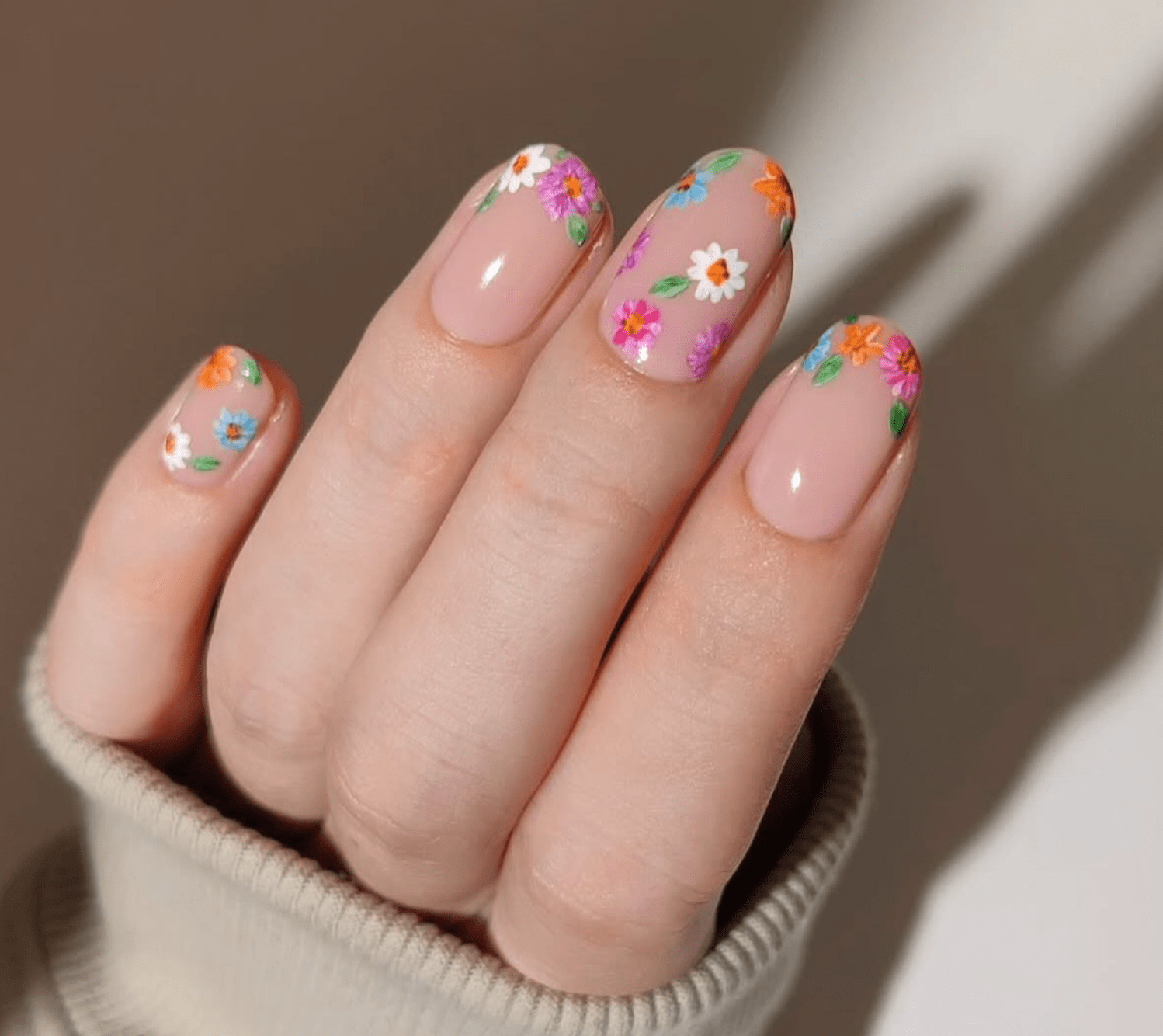 Nude Oval with Colorful Floral Accents — Nail Designs