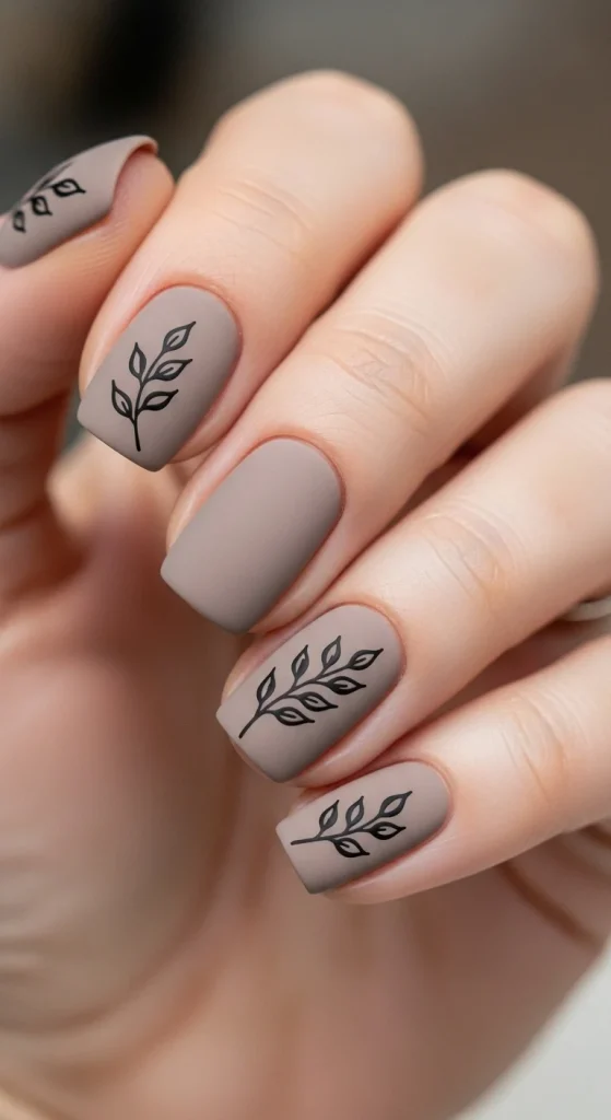 Black Leaf Motif Visual Idea — Matte Nails
