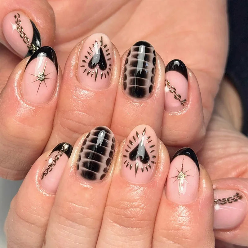 Sheer Pink Black French Heart Art Nails Sheer Pink Black French Heart Art Nails — Sweet 16 Nails