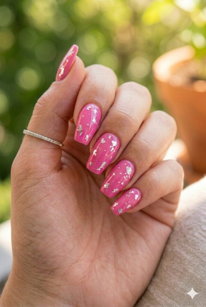 Vibrant Hot Pink with Silver Foil Flakes — Pink Nails