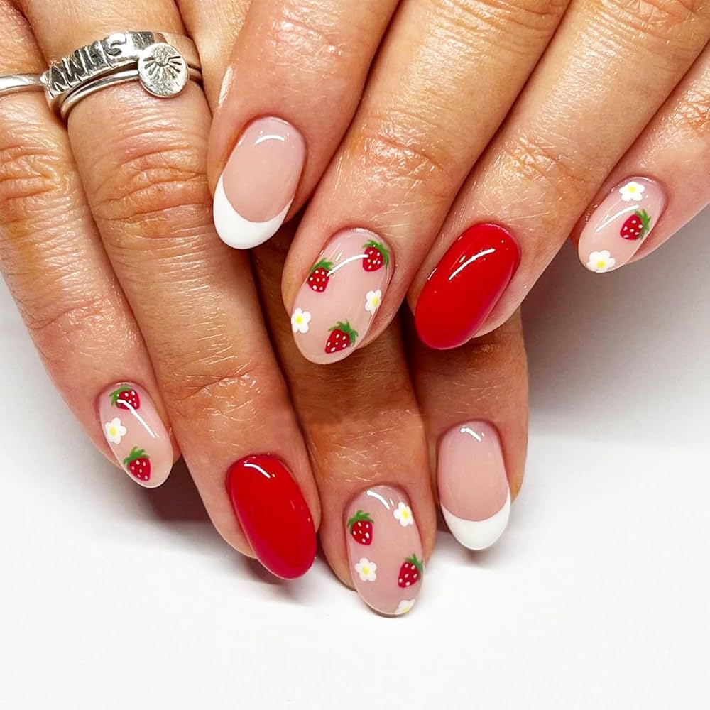 Red & Strawberry Oval Nails — Strawberry Nails