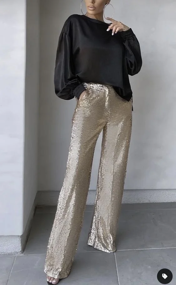 Sequined Wide-Leg Pants Paired with a Satin Blouse — Party Outfits