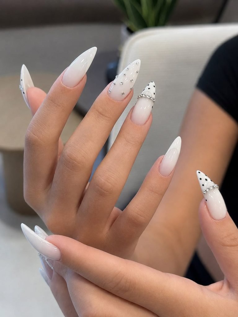 Gradient White Nude with Rhinestone Dots Gradient White Nude with Rhinestone Dots — White Nails