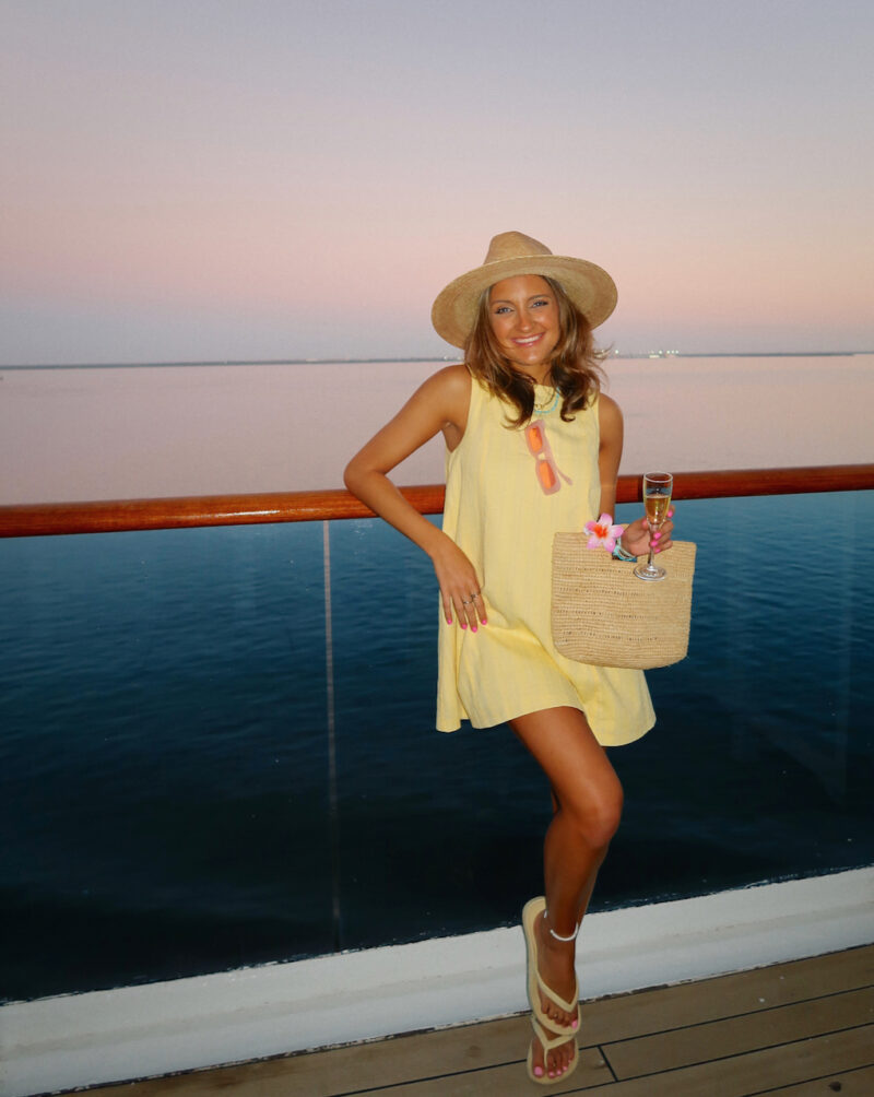 Yellow A-Line Mini Dress and Straw Hat for Sunny Cruise Days Yellow A-Line Mini Dress and Straw Hat for Sunny Cruise Days — Cruise Outfits